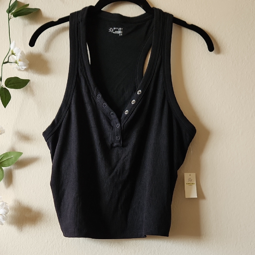 Aerie Black Heavyweight Henley Tank - L